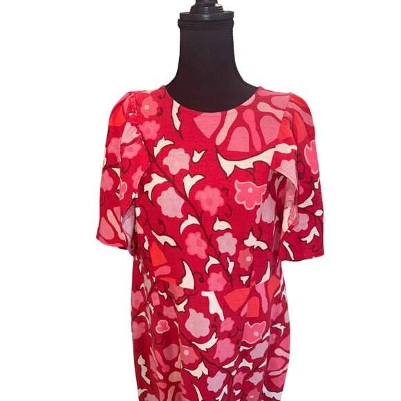 Rhode Zinnia Floral Print Bell Sleeve Midi Dress Red/Pink Floral Linen/Rayon 14 - Picture 6 of 15